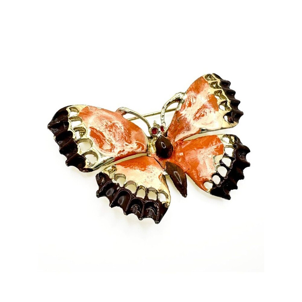 Vintage Enamel Butterfly Brooch Orange & Brown Gold Tone Statement Pin